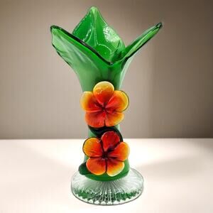 Murano Style Art Glass Vase Green Floral Fluted Top Hand Blown Vintage Decor